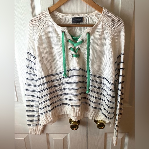 wooden ships Hudson Laced Cotton Open Knit Oversized Sweater in White/Navy XS/S - Picture 2 of 7